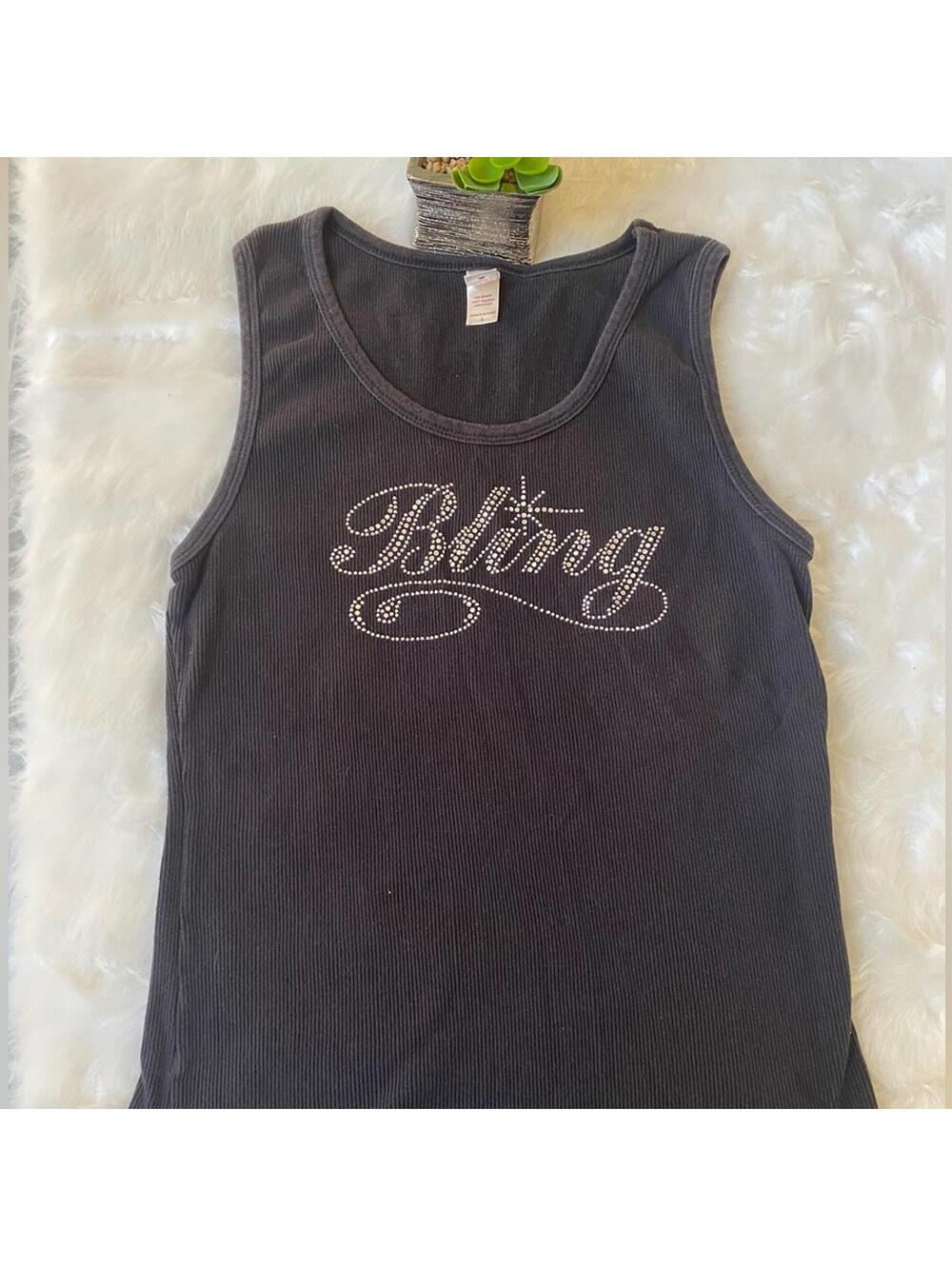 Black Ribbed Tank Top with Bling Rhinestone Design